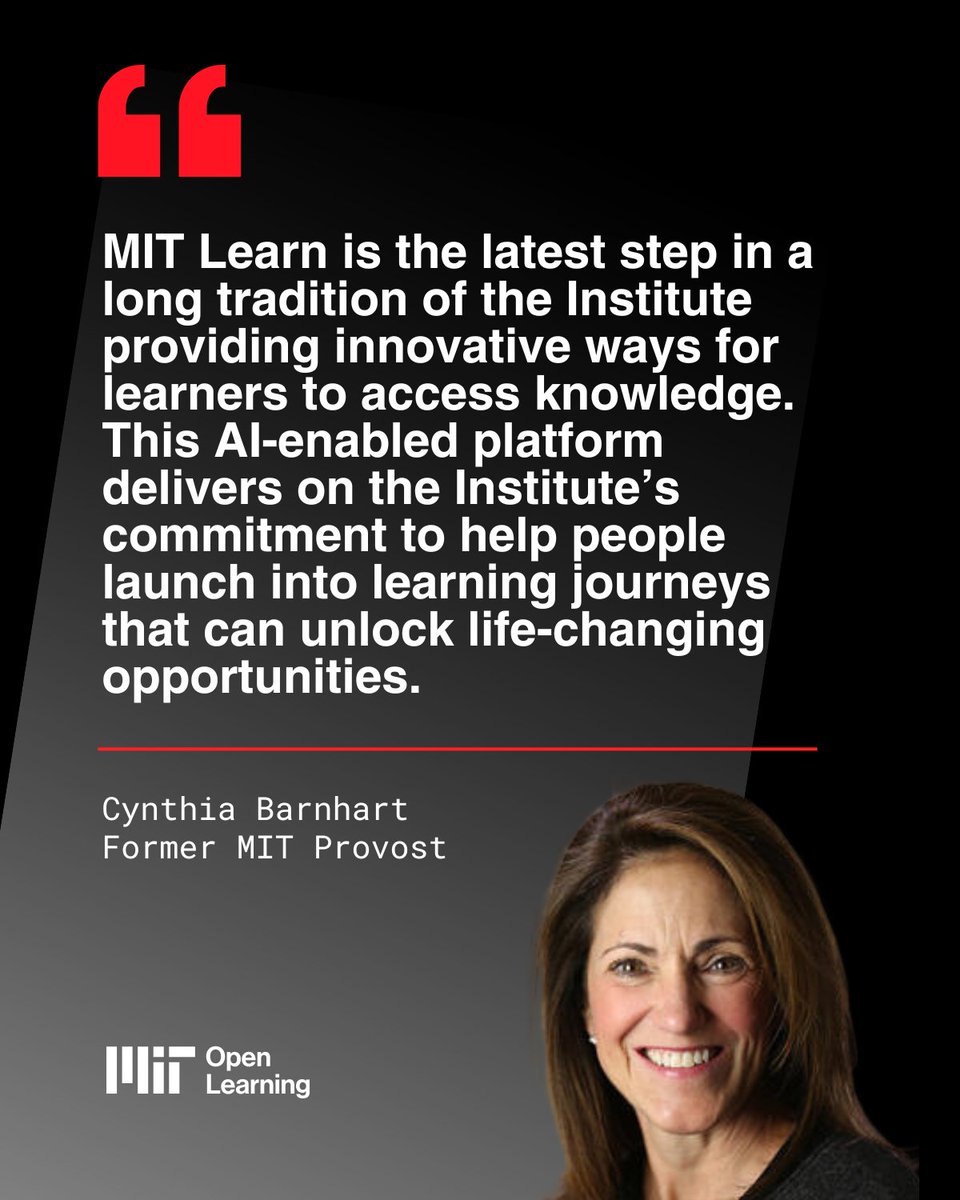 mitopenlearning's tweet image. MIT Learn is an AI-enabled platform that serves as a hub for MIT’s lifelong learning opportunities. Kick start your learning journey at learn.mit.edu.