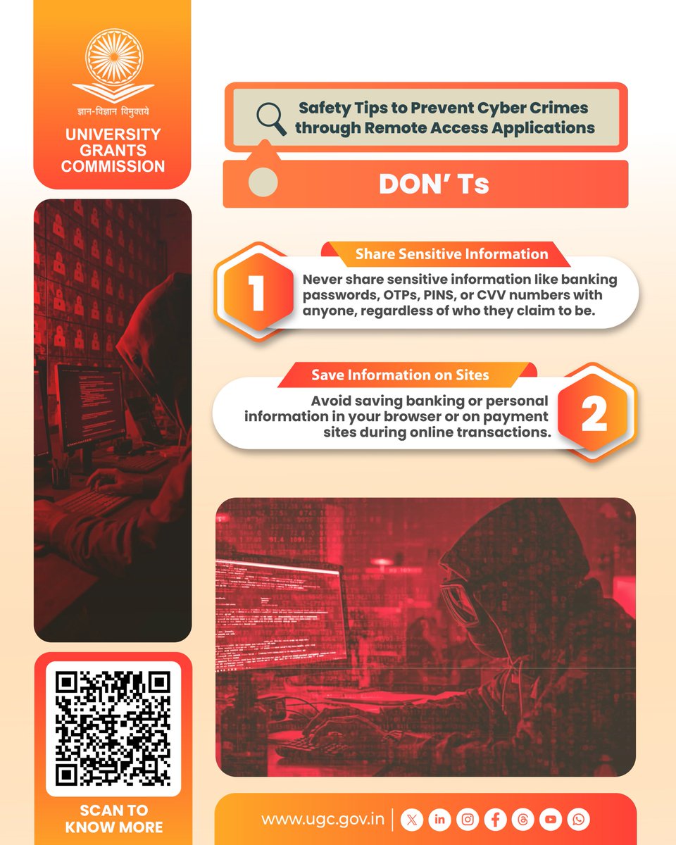 ugc_india's tweet image. 🔒 Stay Cyber-Smart! 🔐
 
Protect yourself from cyber threats by following these essential DOs ✅and DON&apos;Ts ❌ while using remote access applications.
 
 📖Read the UGC Handbook on Cyber Hygiene for HEIs to ensure a secure digital environment: ugc.gov.in/pdfnews/458060…

#CyberSmart…