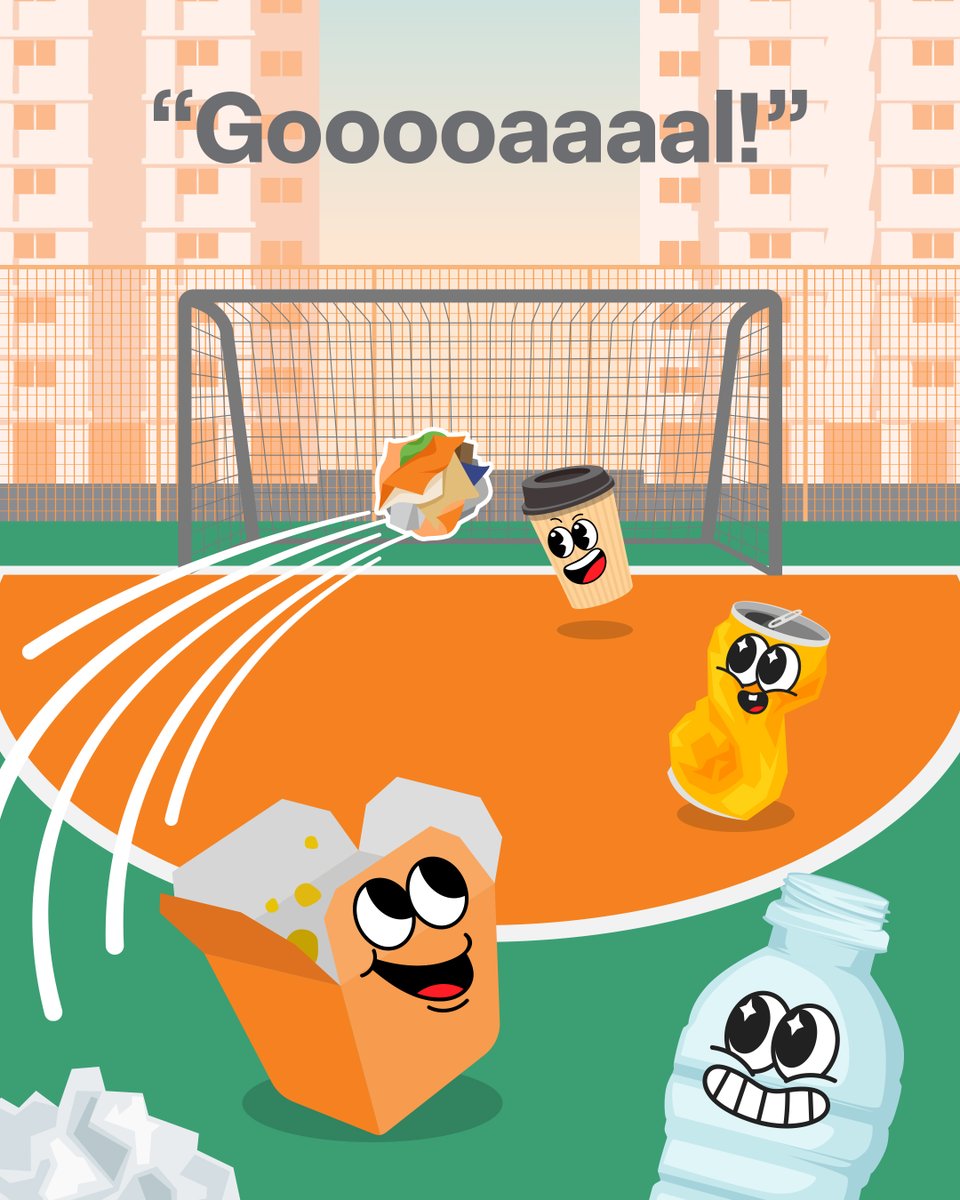 Our neighbourhood courts are for soccer goals, not garbage throw-ins. Litterbugs can be fined up to $2,000. Be the real MVP by throwing your rubbish into bins after the match. Report littering via the OneService app with details such as date, time &amp; precise location. #KeepSGClean