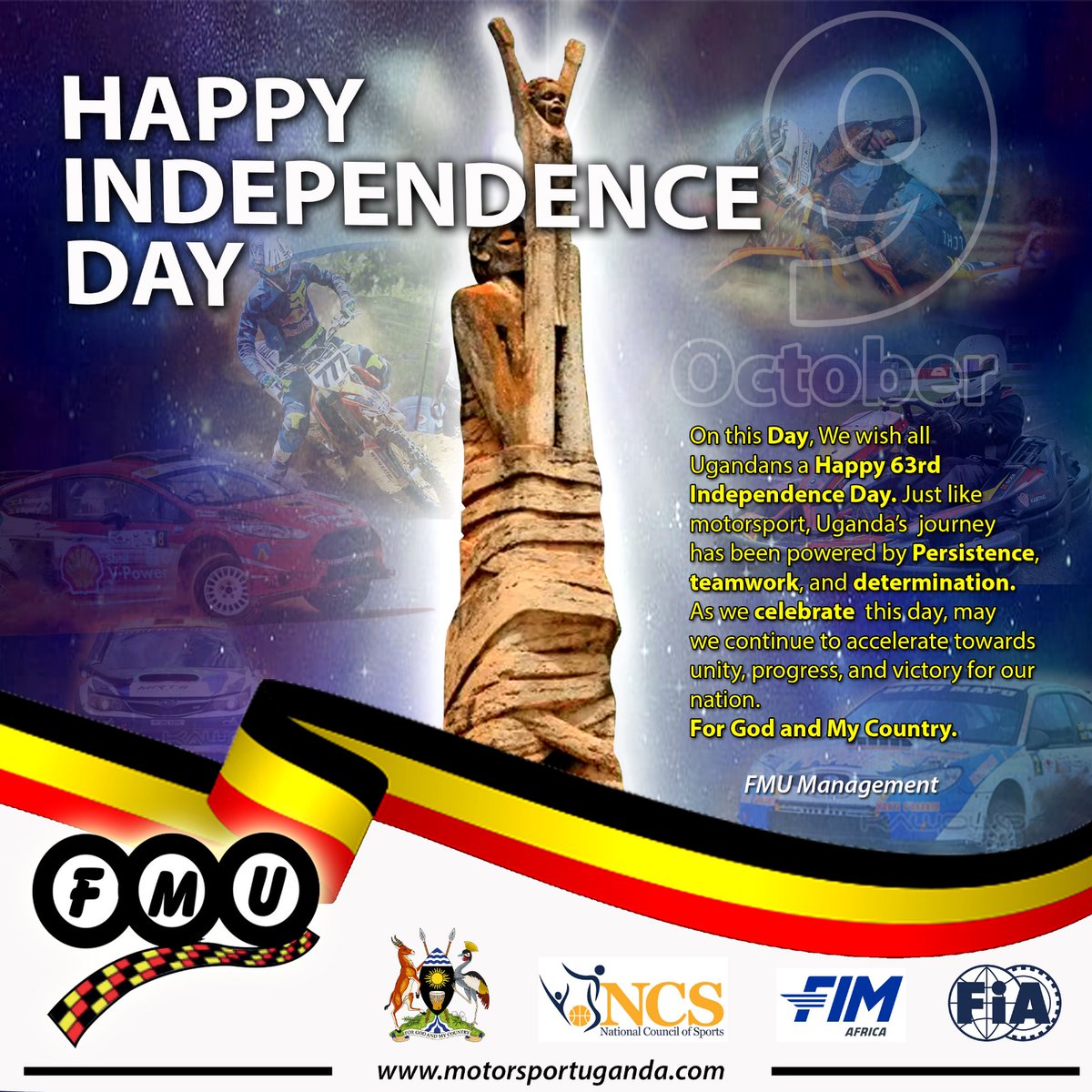 We wish our fellow Ugandans a Happy 63rd Independence Day! 🇺🇬🏁
Together, let’s keep fueling unity and driving our nation forward!
<a href="/kcbbankug/">KCB BANK UGANDA</a>
<a href="/NCSUganda1/">National Council of Sports -Uganda</a>  #IndependenceDay #UGAt63 #MotorsportUganda