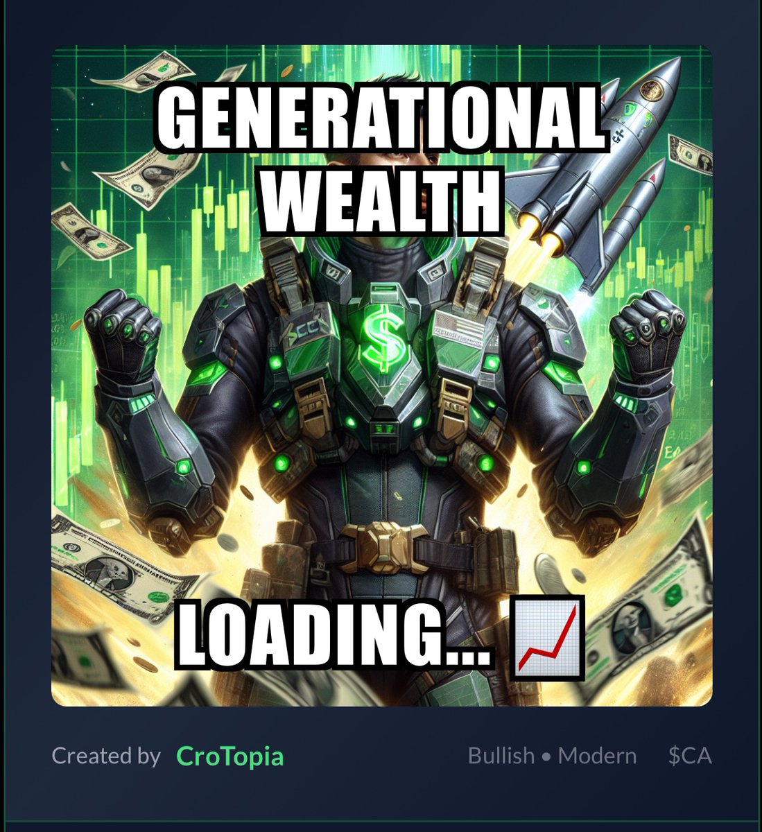 CR0BULL's tweet image. GENERATIONAL WEALTH
LOADING... 📈

Meme by General CroTopia 🎖️ #CroArmy #CA #Cronos 
@CronosArmy212