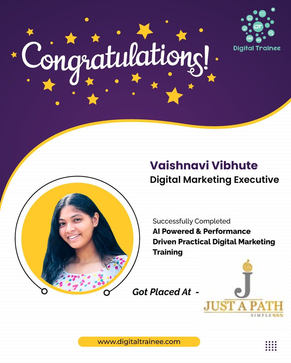 _Digitaltrainee's tweet image. Congratulations to our Digital Marketing Trainee, Vaishnavi Vibhute been placed at Just A Path. We wish you all the best in your new job!
#practicaldigitalmarketingcourse #digitalmarketingcourse #pune #bestdigitalmarketingcourses #digitalmarketingcoursesinpune #digitaltrainee