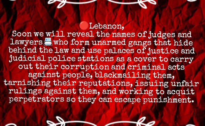 JUSTICE3366's tweet photo. 🔴لبنان،
قريباً سوف نكشف عن أسماء قضاة ومحامين📇يشكلون فيما بينهم عصابات غير مسلحة تتستر بالقانون وتتخذ من قصور العدل ومراكز الضابطة العدلية غطاء لتنفيذ الفساد والأعمال الإجرامية بحق أشخاص لابتزازهم وتشويه سمعتهم وإصدار أحكام مجحفة بحقهم والعمل على تبرئة مرتكبين للإفلات من العقاب https://t.co/bK1YbLflBF