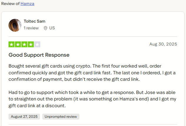 hamzadecom1's tweet photo. Almost instant crypto gift cards—and when a tiny hiccup came up, Jose made it effortless! 💸

Thanks Toltec Sam for the awesome review!

Read the full review on @Trustpilot: https://t.co/TAkQdQLeT4

#decom #hamzamarket #shopwithcrypto #ecommerce https://t.co/2tTmVKgtWP