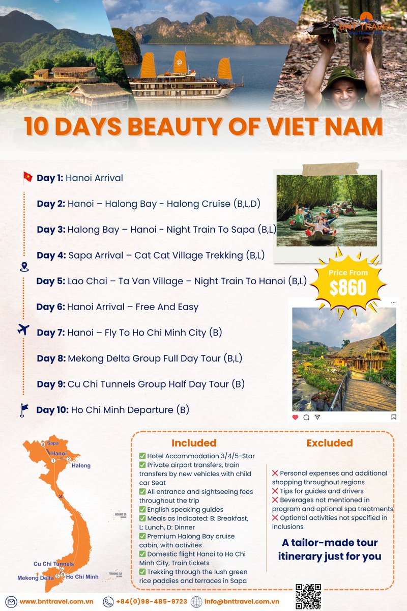 BntTravel's tweet photo. Experience the beauty of Vietnam in 10 unforgettable days — from the majestic Halong Bay to the misty mountains of Sapa and the vibrant life of Ho Chi Minh City #vietnam #traveling #vietnamtour #tour https://t.co/e9tWA4j8yo