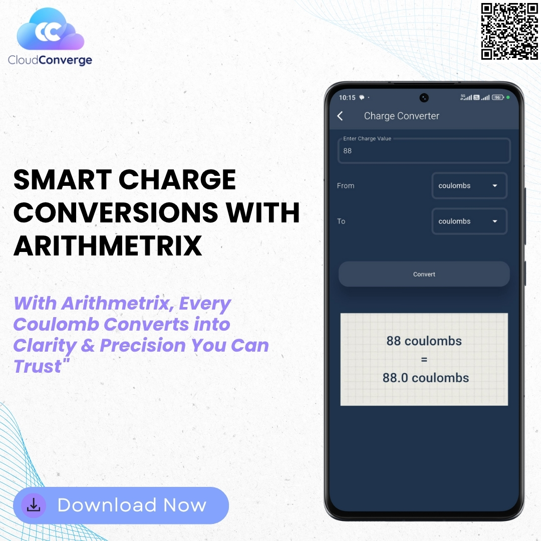 CloudConvergeIO's tweet image. Turn complex charge conversions into clarity with Arithmetrix ⚡️
From coulombs to any unit, get instant, accurate, and reliable results. Perfect for students, pros, and anyone who values precision.

Download now 👉 bit.ly/4mfKUnB

 #Arithmetrix  #CloudConverge