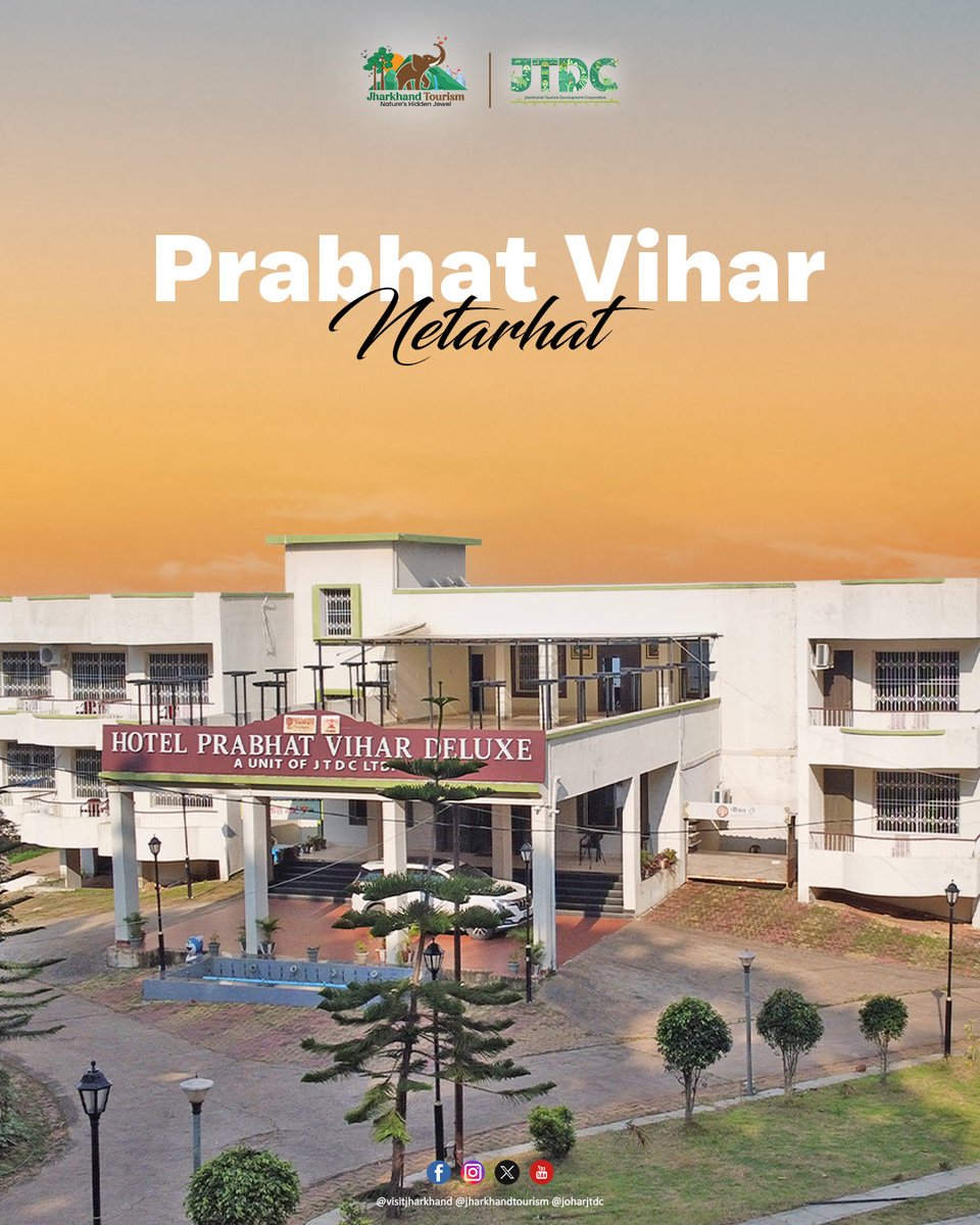 VisitJharkhand's tweet photo. Wake up to the magic of sunrise at Prabhat Vihar, Netarhat 
Stay amidst hills, forests &amp; scenic views-just a short drive from Sunset Point &amp; Lower Ghaghri Falls.
Rooms from ₹3500
Book now https://t.co/C3aDqNXVXl

#DekhoHamaraJharkhand #VisitJharkhand
@HemantSorenJMM https://t.co/mqmTO5vgOP