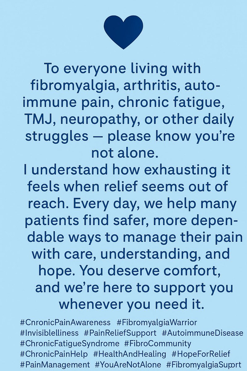 SaludSimi's tweet photo. To those with fibromyalgia, arthritis, autoimmune pain, TMJ, neuropathy, or chronic fatigue — you’re not alone. We offer safer, reliable ways to manage pain with care and hope. You deserve comfort, and we’re here to support you. 💙

#ChronicPainAwareness #FibromyalgiaSupport https://t.co/RgaHIQl9Xw