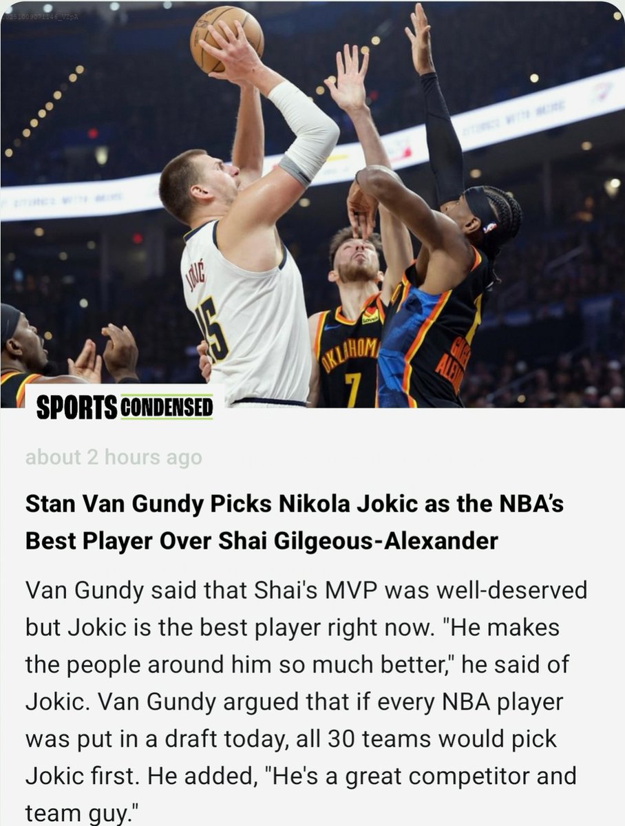 mileHighGold's tweet image. 🚨 Stan Van Gundy drops truth bombs: Nikola Jokić is the NBA's supreme over Shai Gilgeous-Alexander! 🏀🔥sportscondensed.com/news/stan-van-… Sports Condensed 🏅