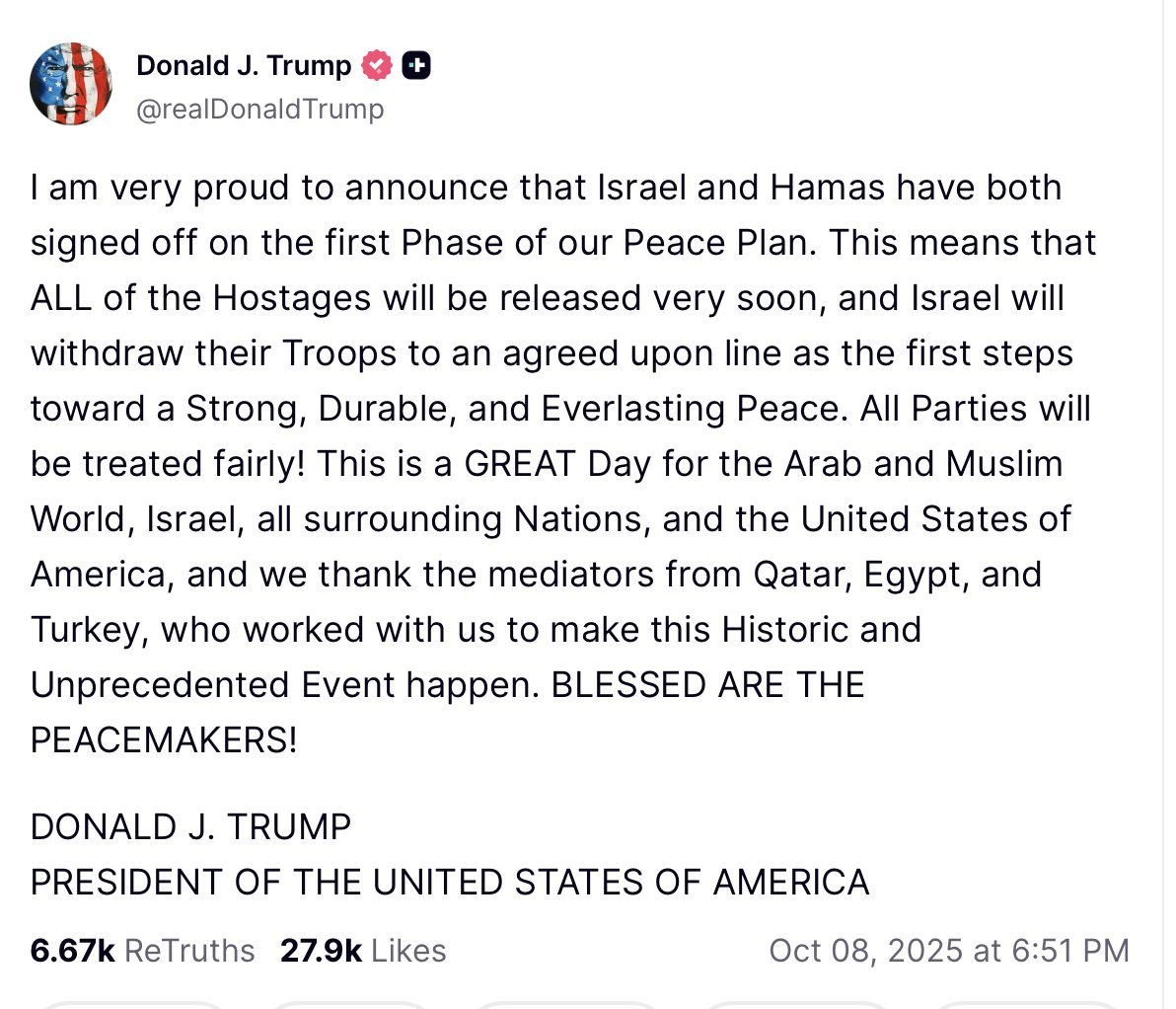 The ceasefire will be tenuous, but there is a chance (maybe not a good one) that it will stick if President Trump is serious about using leverage on both sides.

Ironically, the only group in the world that may have leverage on him is the Norwegian Nobel Committee. #WaitAYear