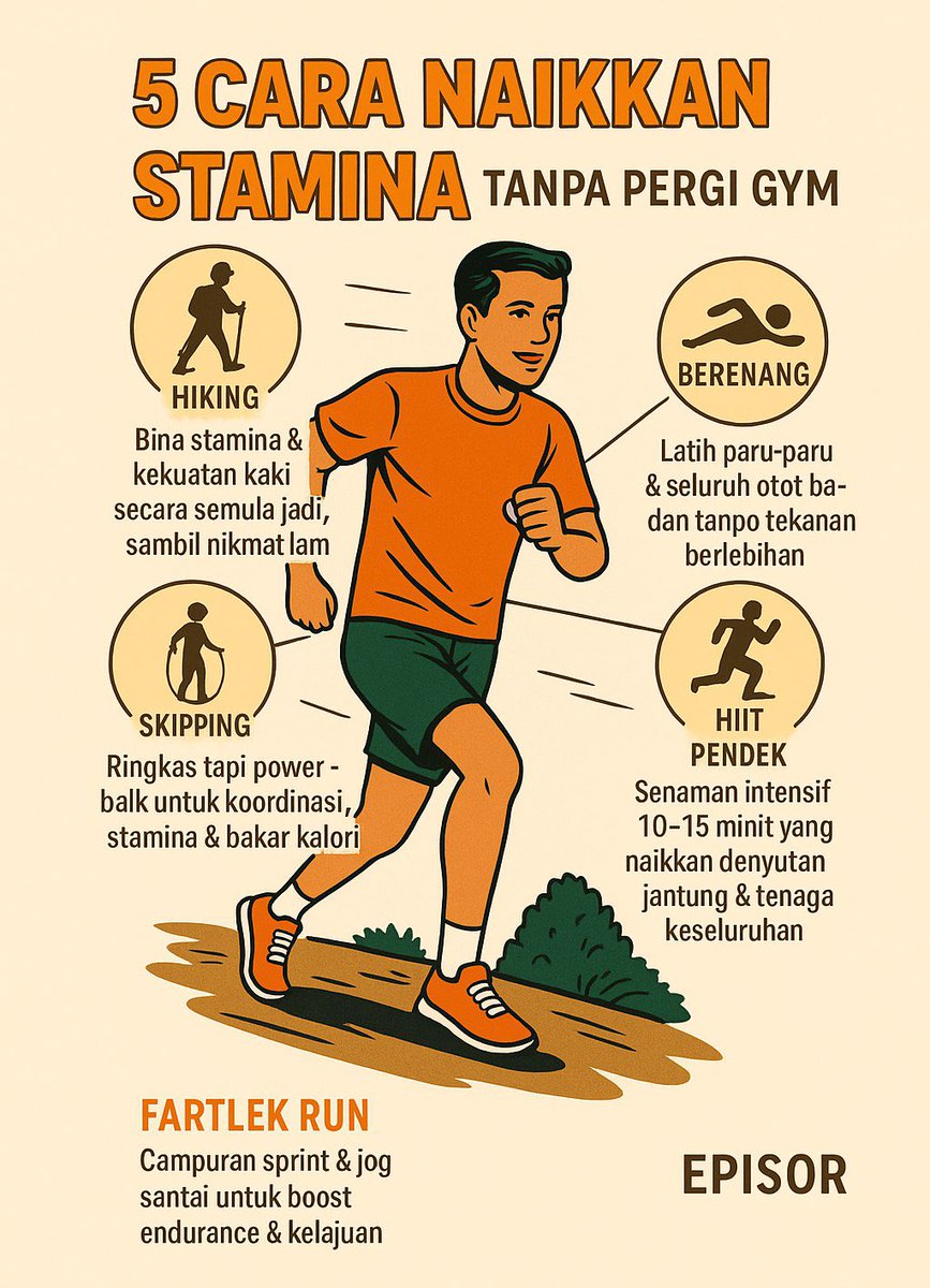 Tuanrajaharimau's tweet photo. "5 Cara Naikkan Stamina Macam Atlet — Tanpa Sentuh Gym Langsung!"

"Ramai ingat stamina kena bina kat gym je. Sebenarnya, ada cara lagi bijak &amp; jimat masa – tanpa keluar rumah pun boleh!" https://t.co/F0FIxyJZ6a