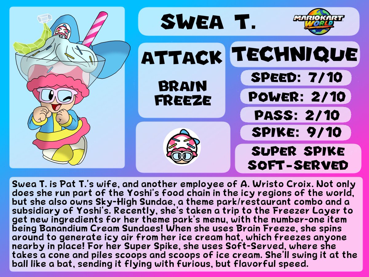 Meet Pat T. and Swea T., a married Toad couple who are major food enthusiasts! Pat T. is the mascot of Yoshi's, and Swea T. owns Sky-High Sundae. Both have gone to the Underground World to add a bit more flavor to their Dash Food!