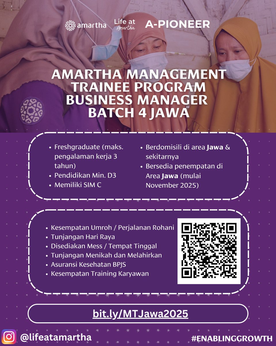 lokersemarang's tweet image. 💜 Freshgraduate, waktunya #EnablingGrowth bareng Amartha!
Yuk mulai perjalanan kariermu jadi Business Manager lewat Management Trainee Program Batch 4 Jawa 🚀

👉 Apply sekarang di bit.ly/MTJawa2025

#LifeAtAmartha #EnablingGrowth #APioneer