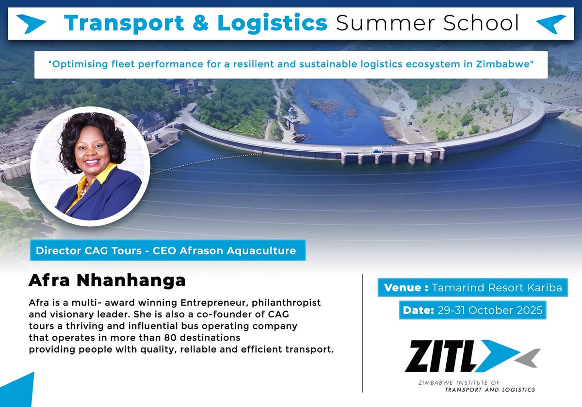 zimbabwewriter's tweet photo. 🚛✨ Shaping the Future of Transport!
Join the Transport &amp; Logistics Summer School as we spotlight innovation, sustainability &amp; the power of women like Afra Nhanhanga driving resilient logistics.

From strategy to steering wheels, women are moving the sector forward! 💪🌍 https://t.co/sEBZvs9LKu