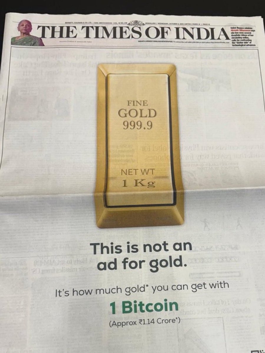 The Times of India] 1면 표지에 비트코인 관련 광고가 실렸습니다. 금 광고가 아님을 강조하며 비트코인 1개로 살 수  있는 금의 양을 시각적으로 보여주고 있습니다. 1 Bitcoin 이란 글자가 그야말로 웅장하네요🤭⚡️