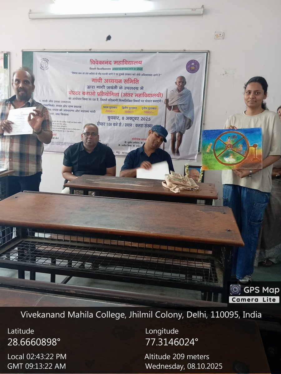 VNC_DU's tweet photo. Gandhi Study Centre of Vivekananda College, DU held a lecture session to commemorate the birth anniversary of Mahatma Gandhi on 8th October. Dr. Khushboo shared her views on 'Unveiling Satya: Gandhi's Narrative Experiments &amp; the Dialectics of Indian Spiritual Autobiography. https://t.co/rPN5mVpPqr