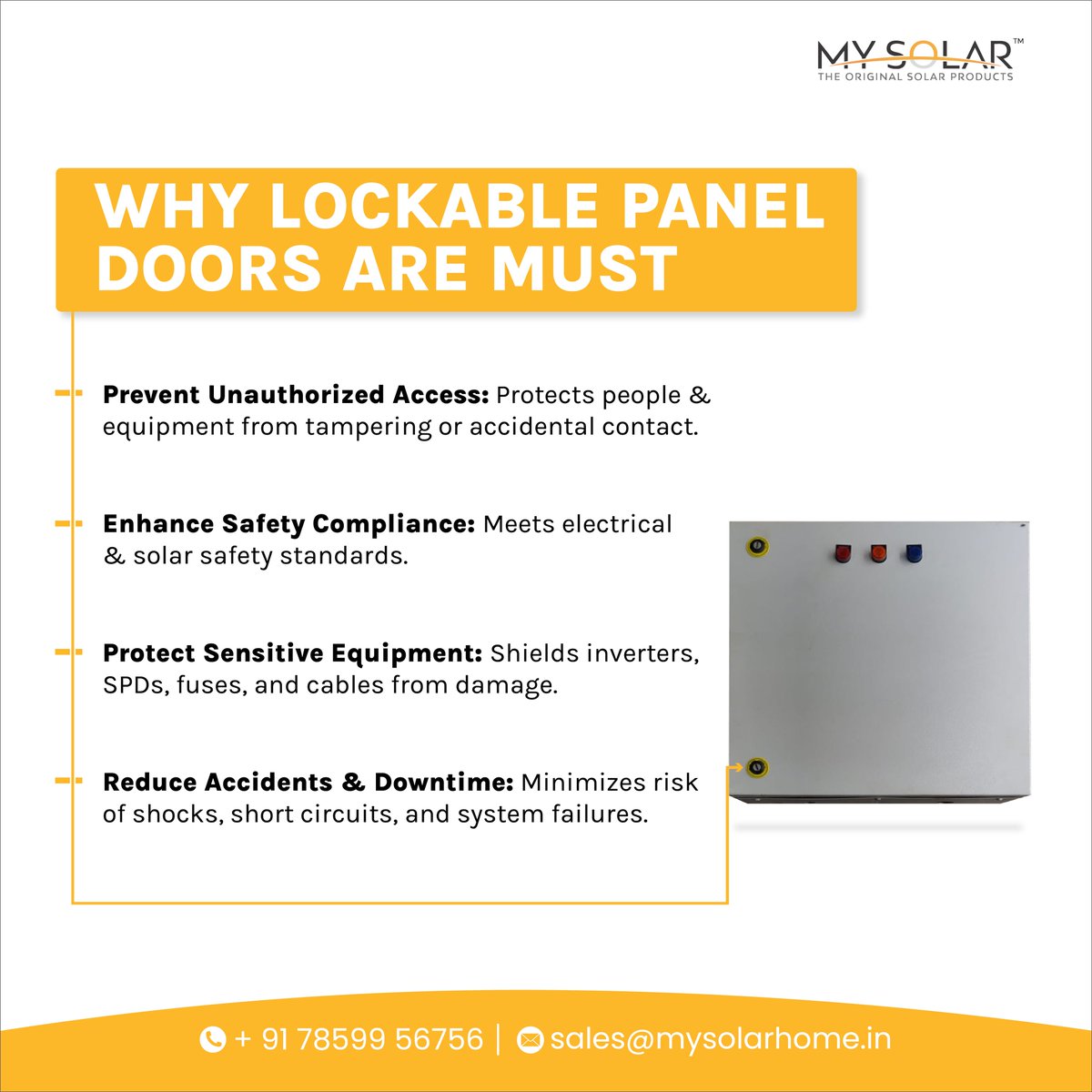 mysolar001's tweet image. Secure your solar system with lockable panel doors in every DCDB, ACDB, and combiner box. 

+91 78599 56756 | sales@mysolarhome.in | mysolarhome.in

#MySolar #SolarExperts #PowerWithProtection #MadeInIndia #CleanEnergyIndia #DCDB #ACDB #LockablePanelDoors