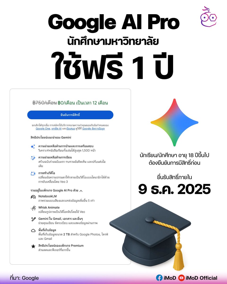 Google AI Pro เปิดให้นักศึกษาใช้ฟรี 1 ปี! (12 เดือน) จากปกติ 750 บาท/เดือน ประหยัดไปได้ 9,000 บาท

นอกจากเปิดแพ็กเกจใหม่ Google AI Plus แล้ว ทาง Google ก็ได้เปิดให้นักศึกษาสามารถรับสิทธิ์ใช้ Google AI Pro ฟรี! 1 ปีเต็ม

Google AI Pro มีรายละเอียดแพ็กเกจ ดังนี้

⋅ ใช้งาน Gemini