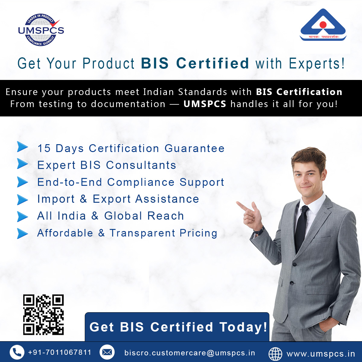 UMSPCS_Official's tweet image. 🚀 Get your product #BISCertified with ease!
UMSPCS offers a 15-day certification guarantee, expert consultants &amp;amp; full compliance support — from testing to documentation. 🇮🇳
#BISCertification #ISIMark #ComplianceExperts #UMSPCS #MakeInIndia