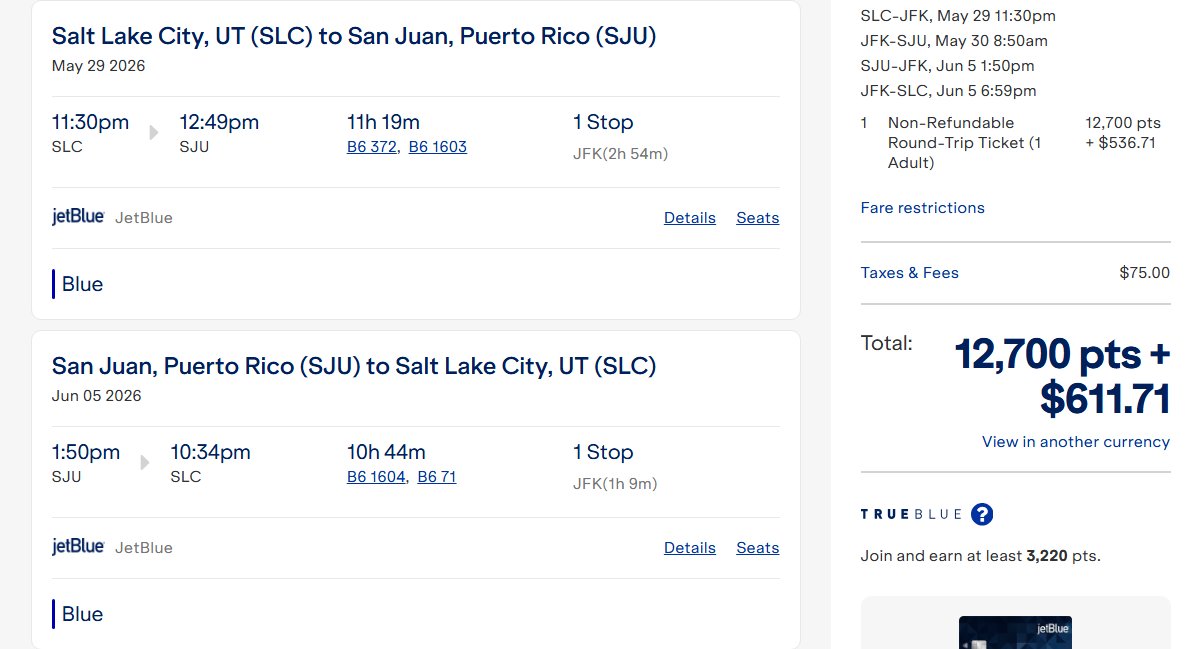 japechmann's tweet photo. @JetBlue How is it that if I am using my points, the cost of the flight I want is MORE out of pocket $, than when I search for the same exact flight, logged out and NOT using points? https://t.co/5pNzUJiHQu