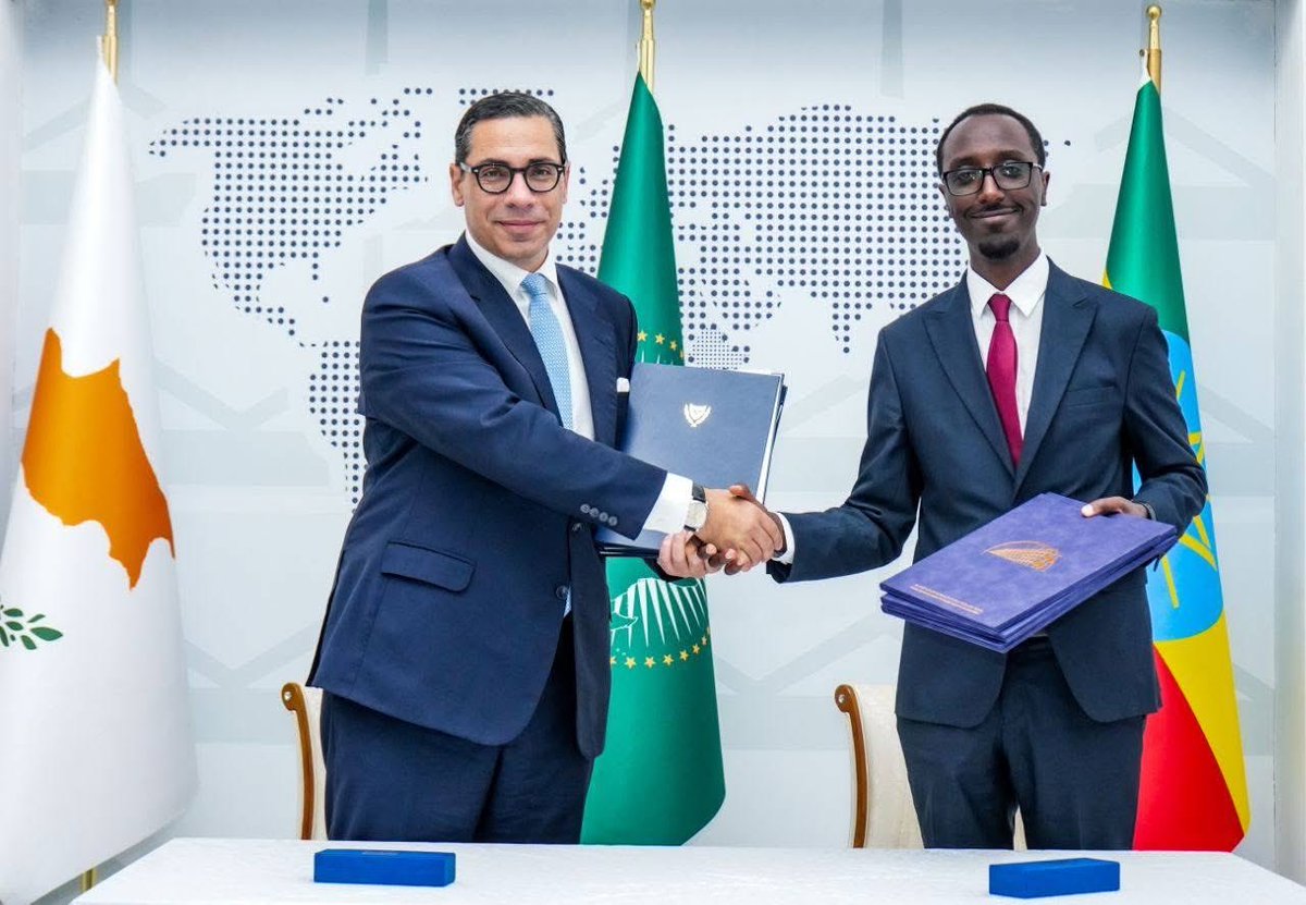 ckombos's tweet photo. 📍Addis Ababa ~ Warm thanks to my counterpart, #Ethiopia 🇪🇹 FM @GHessebon for the hospitality and the comprehensive discussion on a range of bilateral issues and main current affairs as 🇨🇾 is gearing up for its upcoming Presidency of the Council of the EU.

Agreed on practical steps ahead in our cooperation, in view of establishing a resident 🇨🇾 Embassy in Addis Ababa. 

Signed three MoUs in the fields of:

🔹 Political Consultations
🔹 Education
🔹 Higher Education and Research