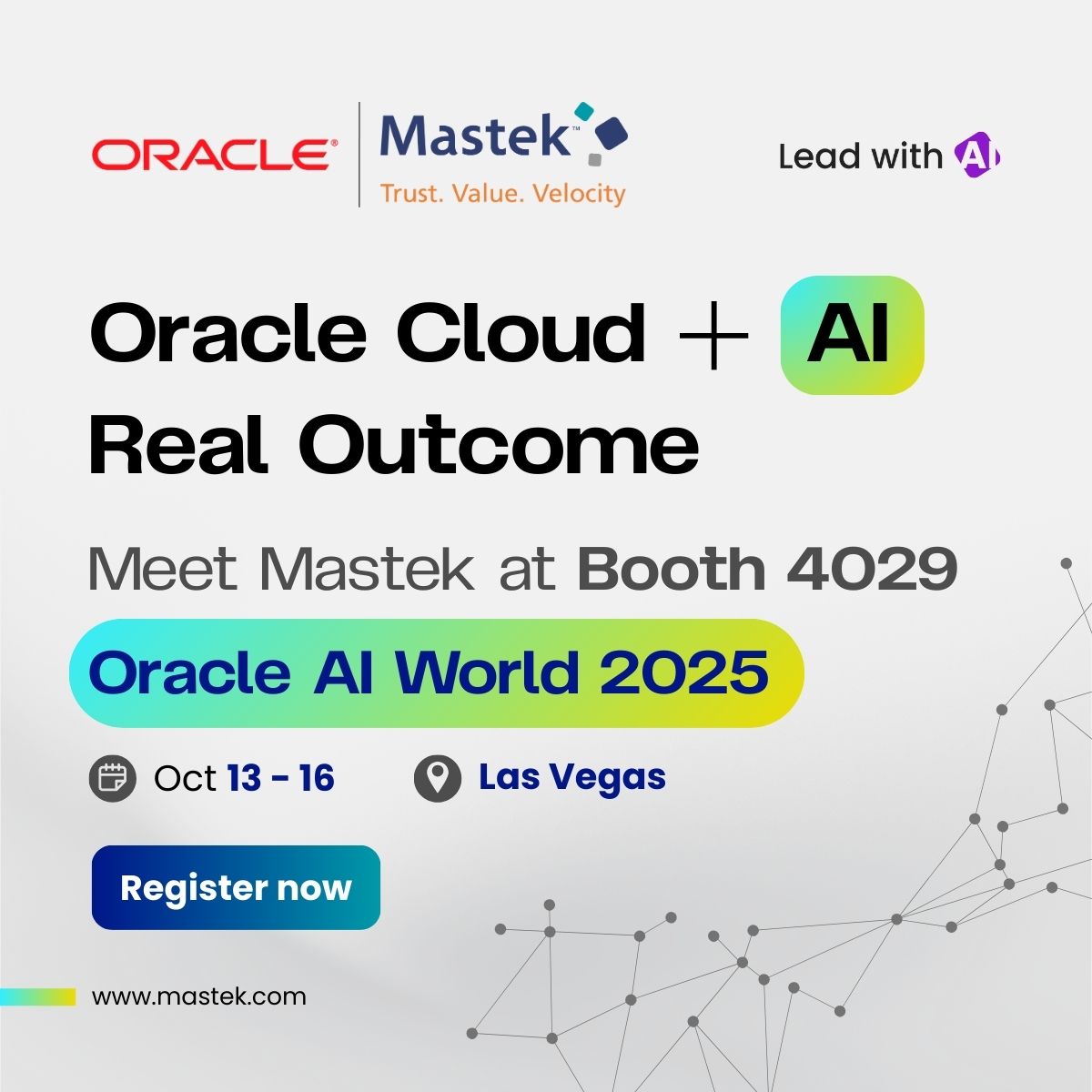 Mastekltd's tweet image. With ADOPT AI + Glide 4.0, Mastek helps enterprises move faster, save smarter, and prove ROI. Meet us at @Oracle  AI World 2025 | Las Vegas | Booth 4029

Book your slot:- lnkd.in/d3g9itJS 

Join our Sip &amp;amp; Sync Happy Hour → lnkd.in/dRBxs3Gt

#OracleAIWorld #Mastek…