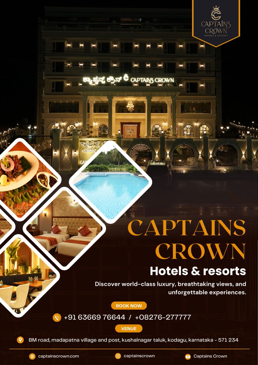 captainscrown's tweet image. Experience the elegance of exquisite dining with a golden garnish at Captains Crown Hotels &amp;amp; Resorts. Indulge in world-class luxury, where every detail is crafted to perfection for an unforgettable stay
#CaptainsCrown #LuxuryStay #LuxuryHotels #ResortsInKushalnagar