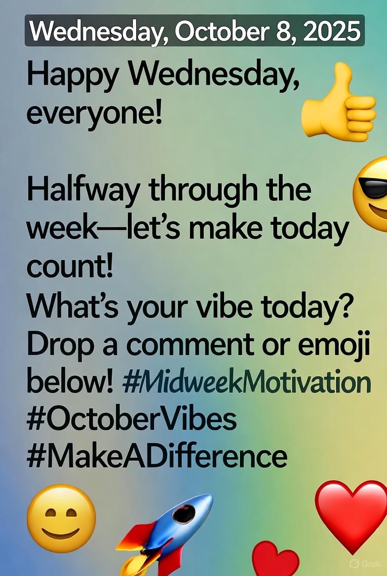 whatz_today's tweet image. 🌟 Happy Wednesday, everyone! 🌟

Halfway through the week—let’s make today count! 💪

What’s your vibe today? Drop a comment or emoji below! 😎

#MidweekMotivation #OctoberVibes #MakeADifference