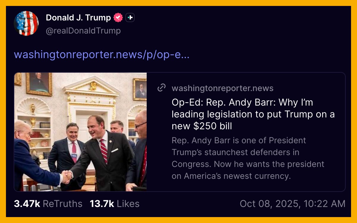 ThuanCapital's tweet image. Tổng thống Trump ủng hộ đề xuất phát hành tờ tiền mệnh giá 250 đô la có in hình của ông.