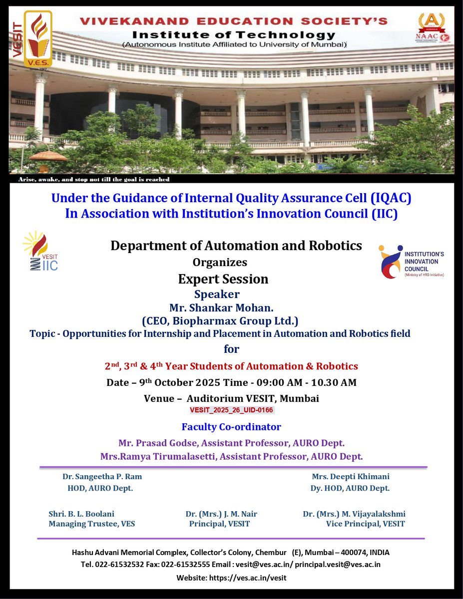 vesitedu's tweet image. Expert Session Alert!
The Department of Automation & Robotics, under IQAC and IIC, organized an insightful session by Mr. Shankar Mohan, CEO, Biopharmax Group Ltd., on “Opportunities for Internship and Placement in Automation & Robotics.”
#VESIT #AutomationAndRobotics #IIC