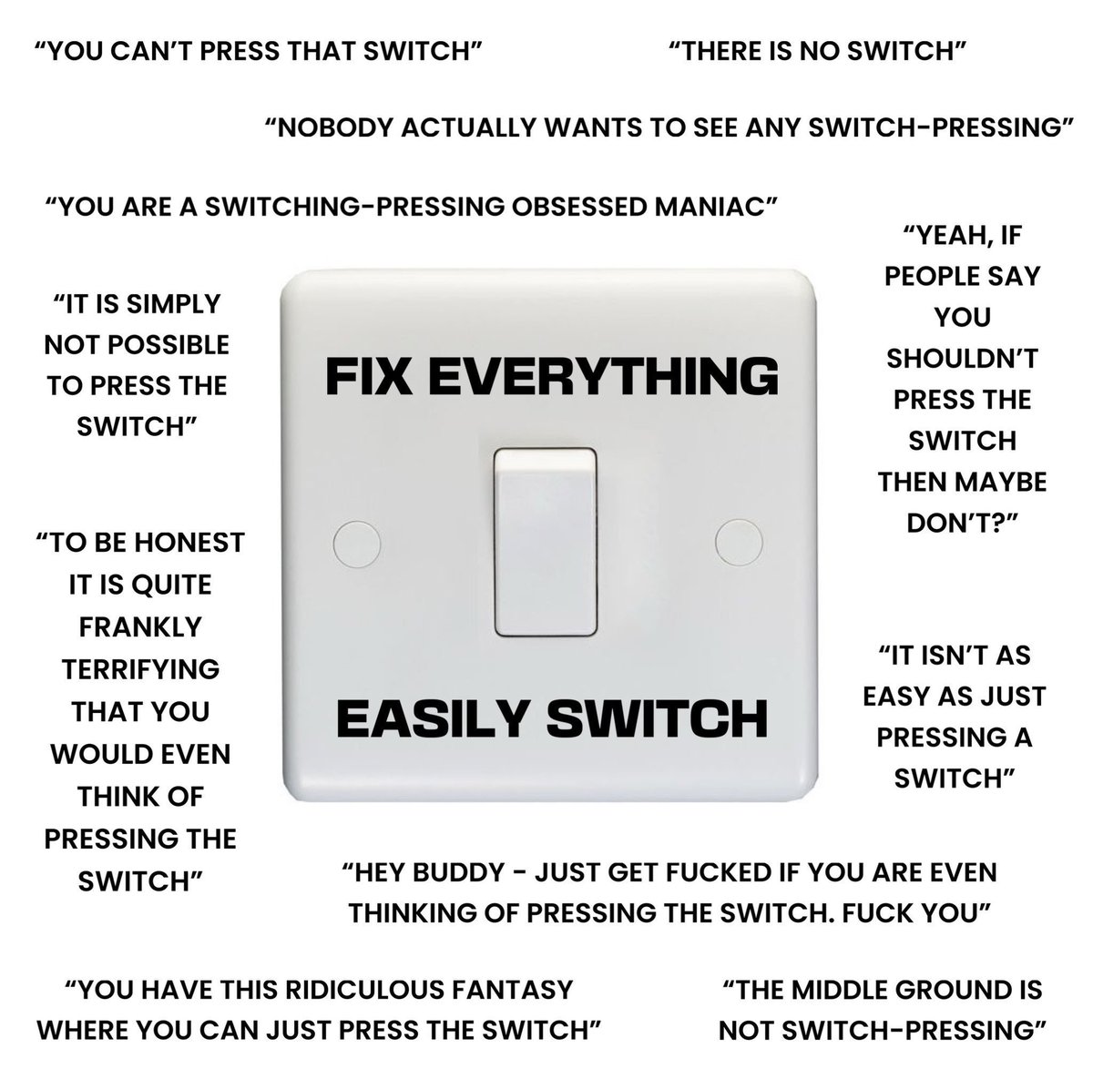 Meme of a switch labeled Fix Everything Easily with surrounding skeptical quotes