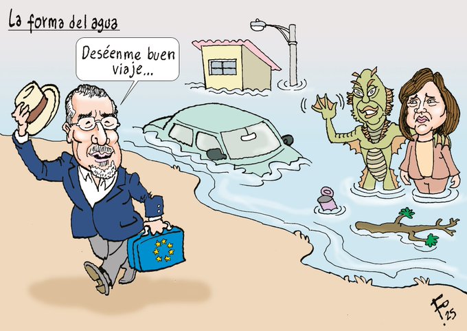 Cartoon illustration shows an elderly man with glasses and gray beard wearing a suit blue jacket white shirt tie and hat holding a briefcase with European Union flag walking on dry ground away from a flooded scene. He waves with one hand saying DesÃ©eme buen viaje bien. In the water there is a submerged yellow car floating wooden debris pink object and a small house on a hill with a streetlamp. A green-skinned amphibious creature resembling a monster stands in the water waving back and a woman with short hair in pink top and skirt looks distressed beside it. The title La forma del agua appears at the top and Fo signature at the bottom right.