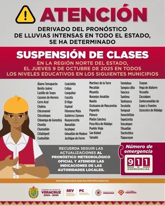 CNPC_MX's tweet image. ⚠️ Ante los efectos del temporal lluvioso que se extenderán al día jueves en diferentes zonas de #Veracruz, de manera preventiva el @GobiernoVer ha determinado que se mantendrá la suspensión de clases en los siguientes municipios:
Atiende las recomendaciones de @PCEstatalVer.