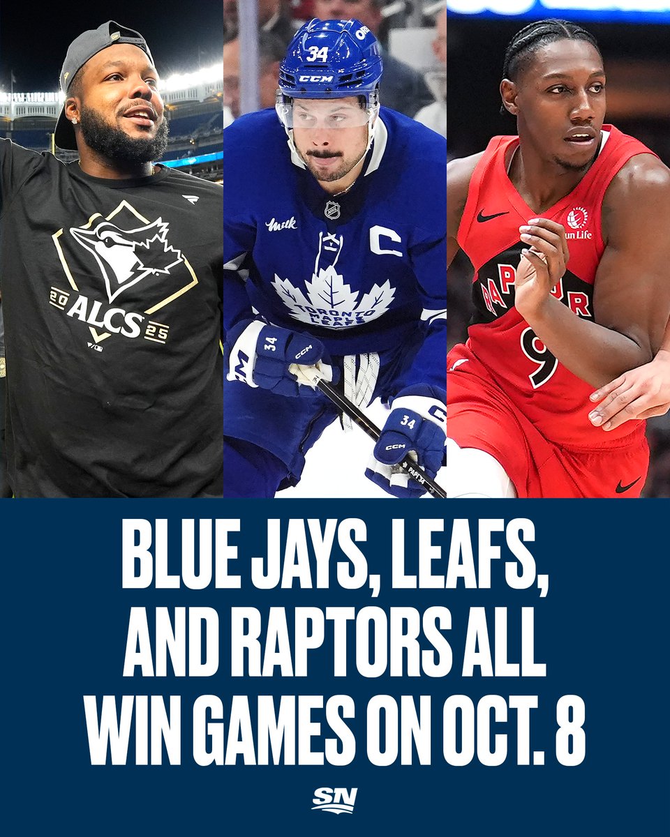TORONTO HAT TRICK 👌

Blue Jays defeat Yankees &amp; advance to the ALCS ✅
Maple Leafs defeat Canadiens in their home opener ✅
Raptors defeat Kings in their preseason game ✅