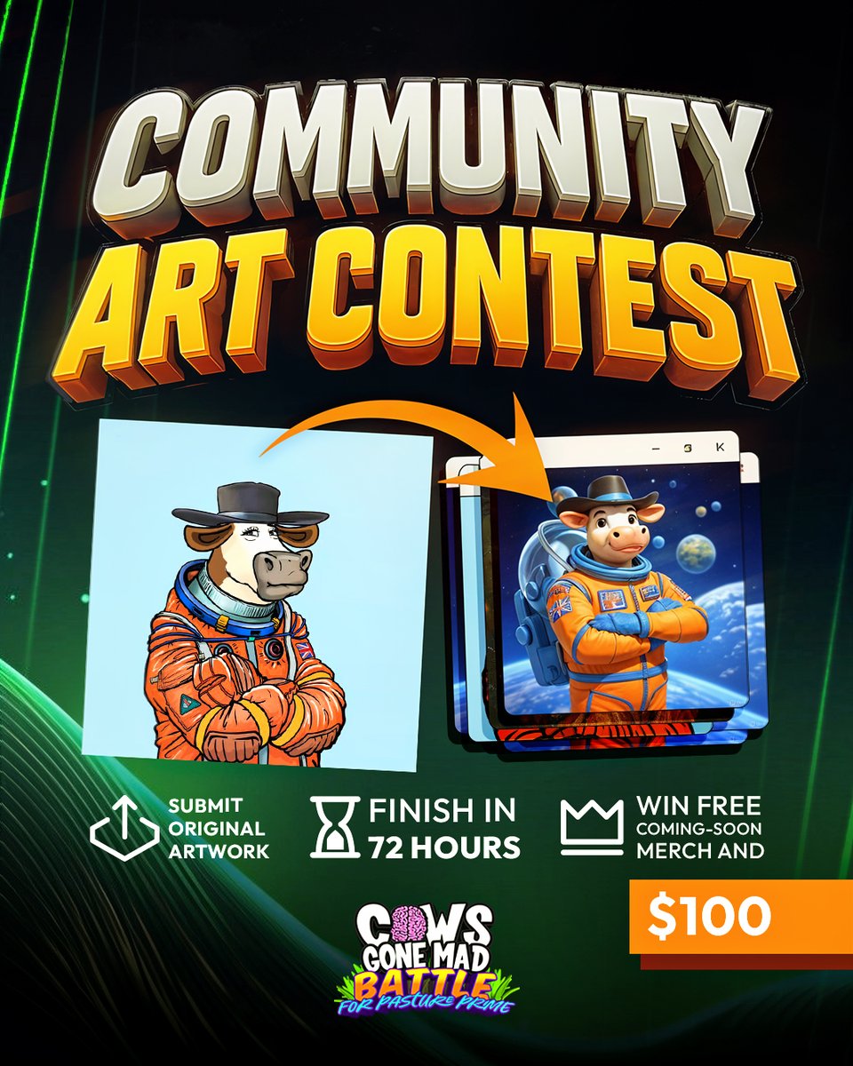 Herd reminder: Logistics locked for our Community Art Contest winner pick. Share your artwork on Discord ASAP!!🐄🎨

Verify your wallet in Discord first, then submit art/entry link to # Contest-Submission: 
discordapp.com/channels/13499… 
(holders post, all vote).

Voting deets soon...