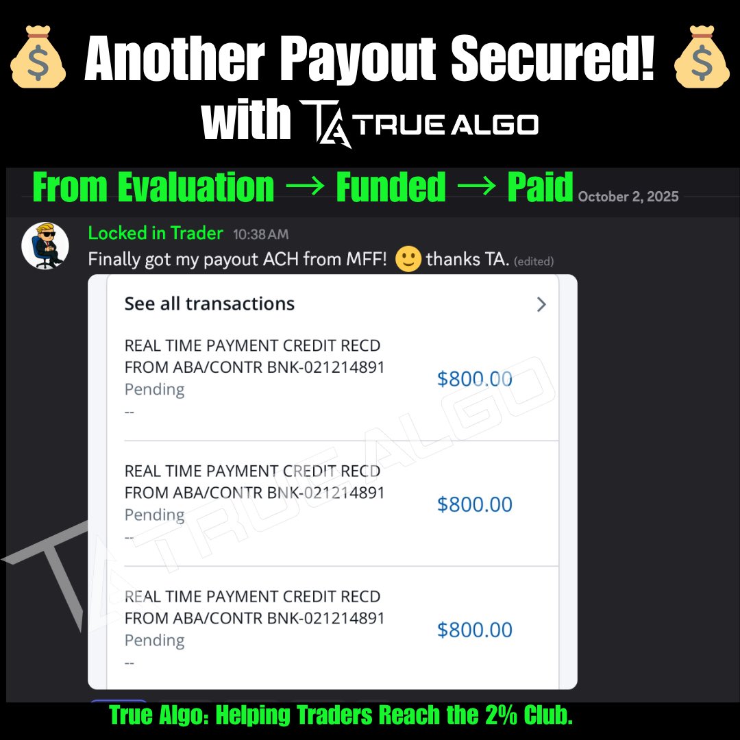 True_Algo's tweet image. 💸 Another Funded Trader Paid Out! 💸
Huge congrats to Locked in Trader — officially receiving his prop firm payout from MFF after using the True Algo system to go from evaluation → funded → paid.
This is what True Algo was built for:
✅ Helping traders remove emotion and…