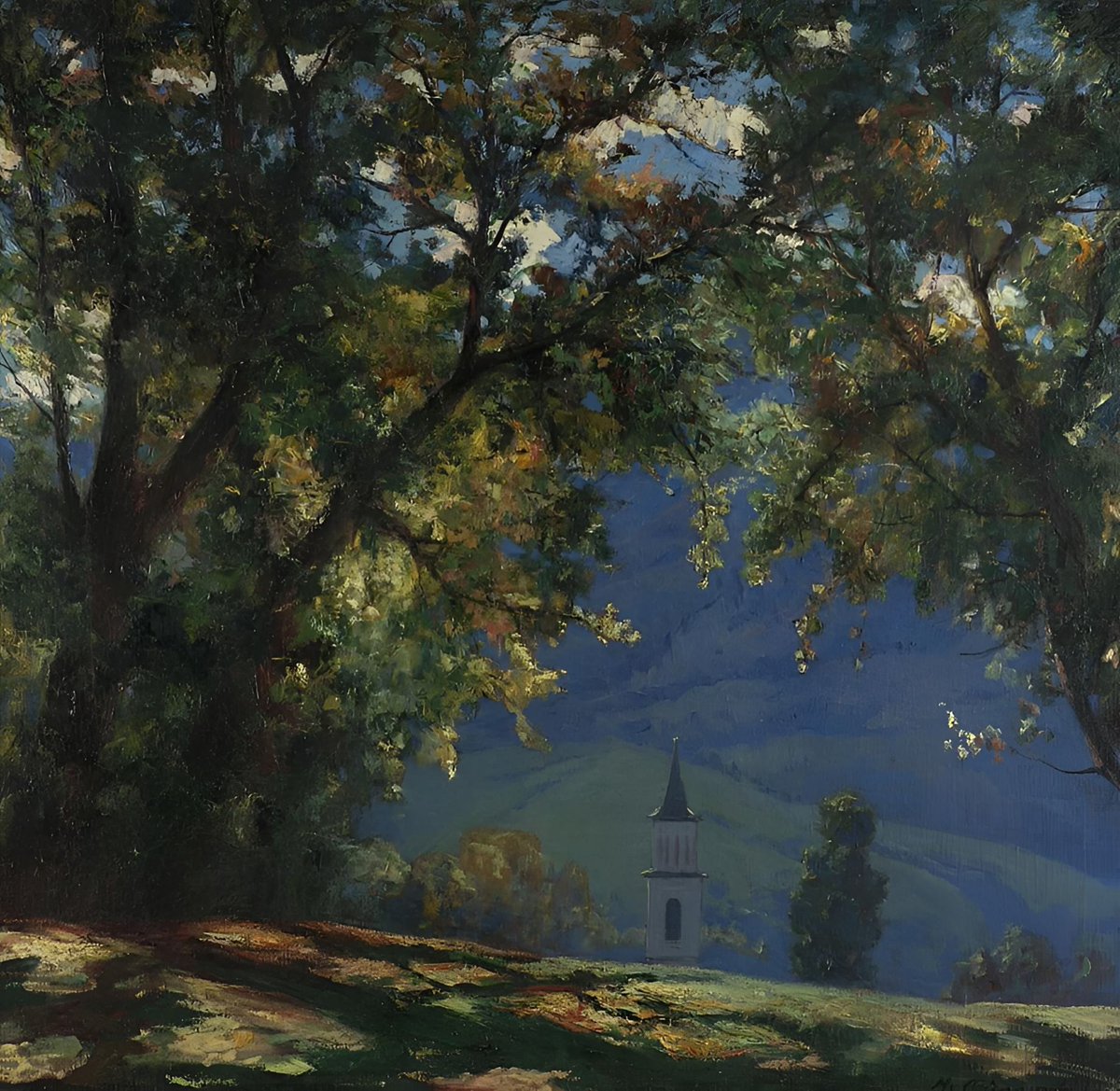 DailyClassicArt's tweet image. Mario Ornati - &quot;A Glimpse of the Bell Tower&quot; (1928)