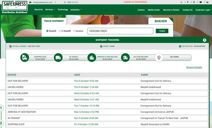 educlear's tweet photo. @Safexpress
this kind of practice is very bad. regularly making fake delivery attempts. No on made call for delivery and marking fake failed delivery attempts. Take it very serious note Tracking id: 100028672820 Why you take consignments when can not deliver on time. https://t.co/ER8CdAiNdq