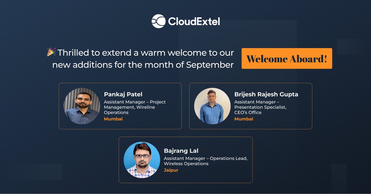 cloud_extel's tweet image. Welcoming new talent to #TeamCloudExtel!

Every new member strengthens our pursuit of operational excellence and innovation in India’s #DigitalInfrastructure journey.

We’re thrilled to have them on board. Welcome to Team CloudExtel!
#WelcomeToCloudExtel #NaaS #TelecomLeadership