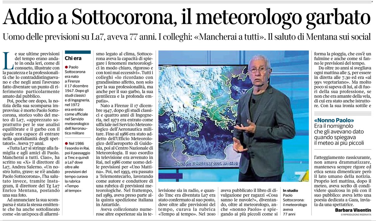 Se n’è andato, all’improvviso, Paolo Sottocorona
Meteorologo di grande competenza e persona sempre mite e garbata.
Ma non solo: era impegnato nel sociale e nei diritti umani
Fino all’ultimo
Giusto ieri, il giorno stesso della sua morte, aveva letto, in diretta, una poesia su Gaza