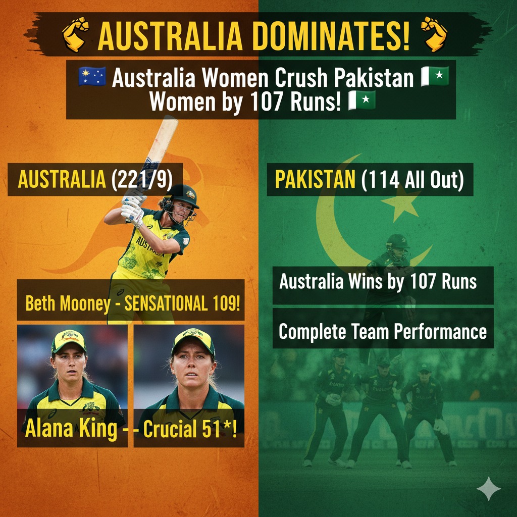 GamesUniteWorld's tweet image. CRUSHING VICTORY! 💥 Australian Women Team beat Pakistani Women Team by 107 runs! 🇦🇺 Beth Mooney (109) &amp;amp; Alana King (51*) were the stars as Australia set 221/9 &amp;amp; bowled Pakistan out for 114. #AusvPak #Cricket #WomensCricket #TeamAustralia #INDvSA #viral #CPC25 #FIFAWORLDCUP