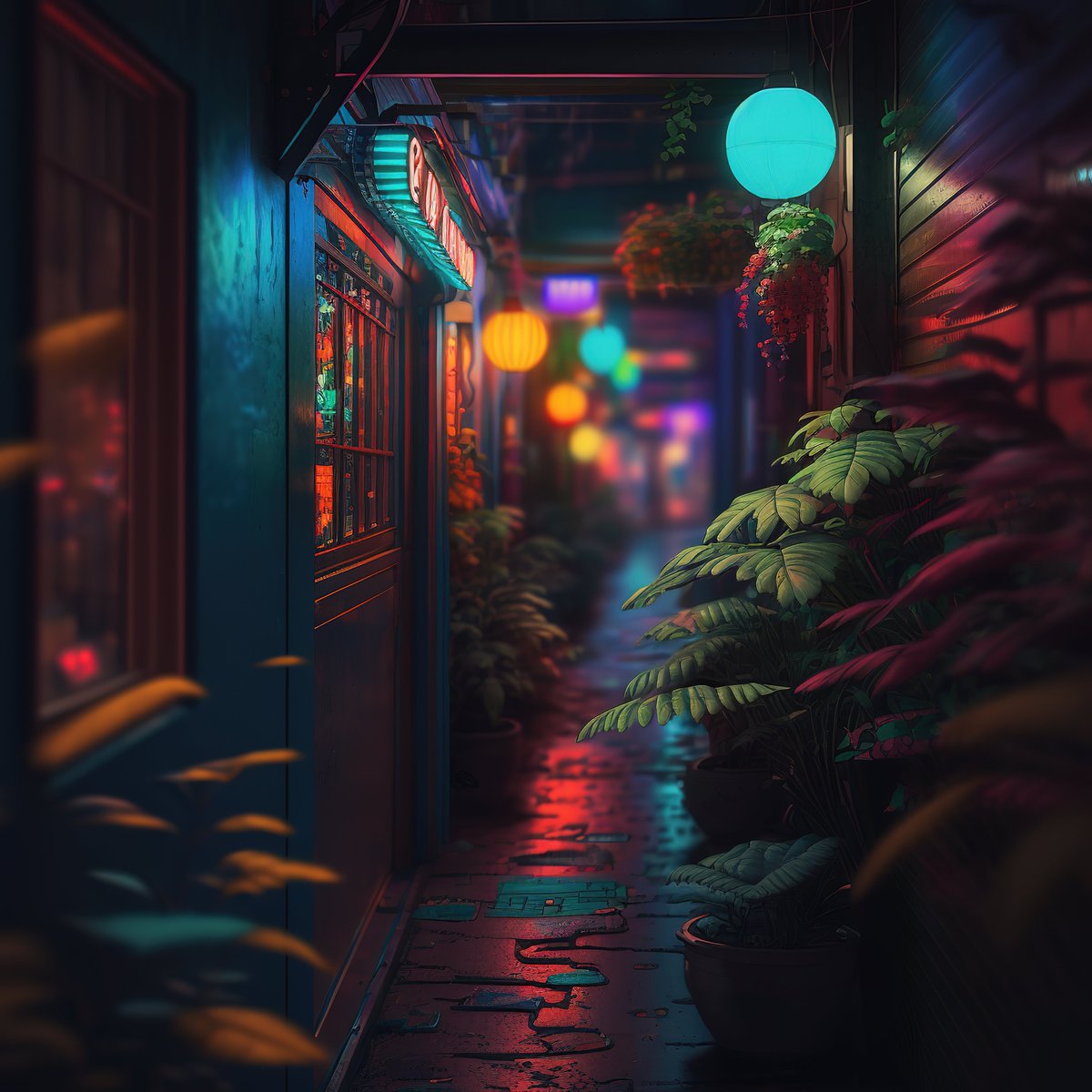 NoBanksNearby's tweet image. 9:46 PM. This alley's wet pavement reflects deep blues and neon reds, a lone teal orb glowing. It’s a call to find stillness amidst the city's quiet hum, to simply *be* present with the vibrant life and hidden beauty of this exact minute.
#QualityArt #CreativeCode…