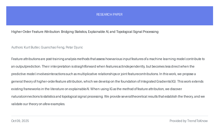 aitrendings's tweet photo. Higher-Order Feature Attribution: Bridging Statistics, Explainable AI, and Topological Signal Processing

👥 Kurt Butler, Guanchao Feng &amp; Petar Djuric

#AIResearch #ExplainableAI #FeatureAttribution #TopologicalSignalProcessing #IntegratedGradients

🔗 https://t.co/fiPGm0FUT0 https://t.co/3CYOhpCTNZ