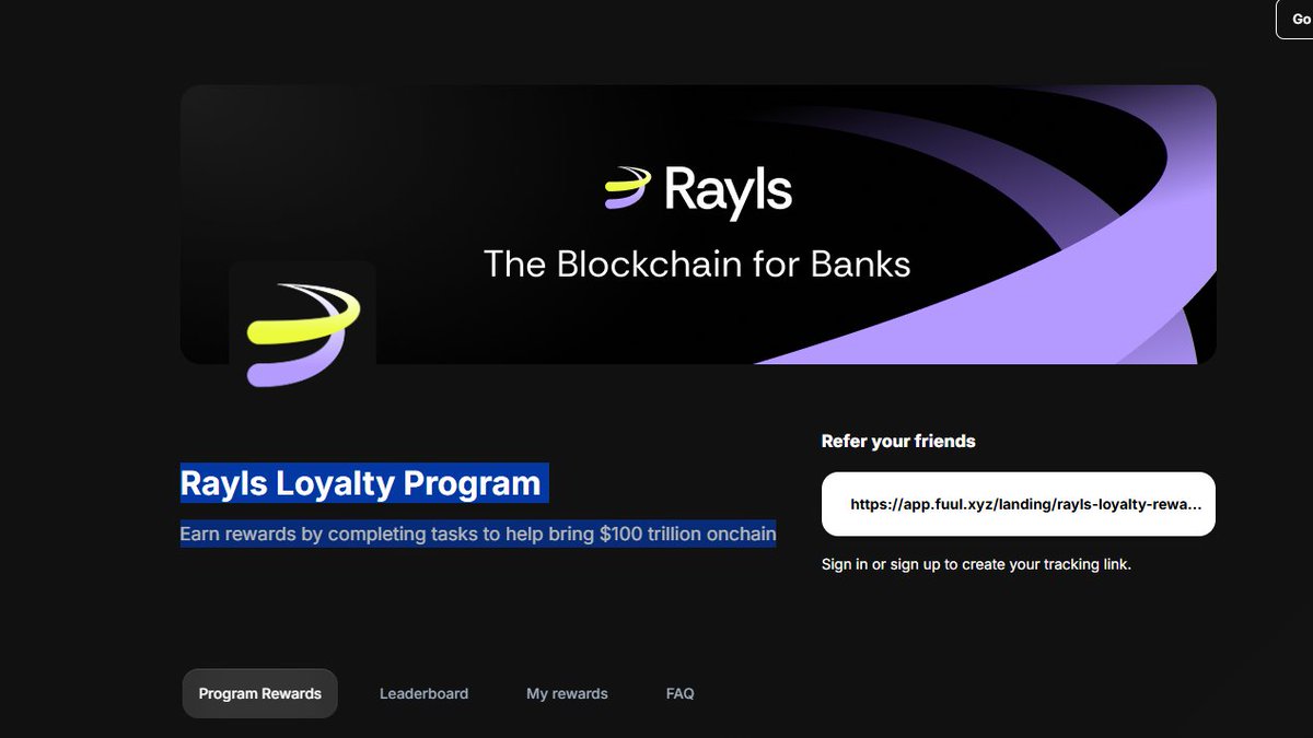 Rayls Loyalty Program
Earn rewards by completing tasks to help bring $100 trillion onchain
app.fuul.xyz/landing/rayls-…

<a href="/EdgenTech/">Edgen</a> <a href="/cookiedotfun/">Cookie DAO 🍪</a> <a href="/MindoAI/">Mindō AI</a> <a href="/pharos_network/">Pharos | Testnet Live</a> <a href="/zama_fhe/">Now @zama</a> <a href="/monad/">Monad (mainnet arc)</a> <a href="/NexusLabs/">Nexus</a> <a href="/RaylsLabs/">Rayls</a> <a href="/AlloraNetwork/">Allora</a> <a href="/recallnet/">Recall</a> @wallchain_xyz