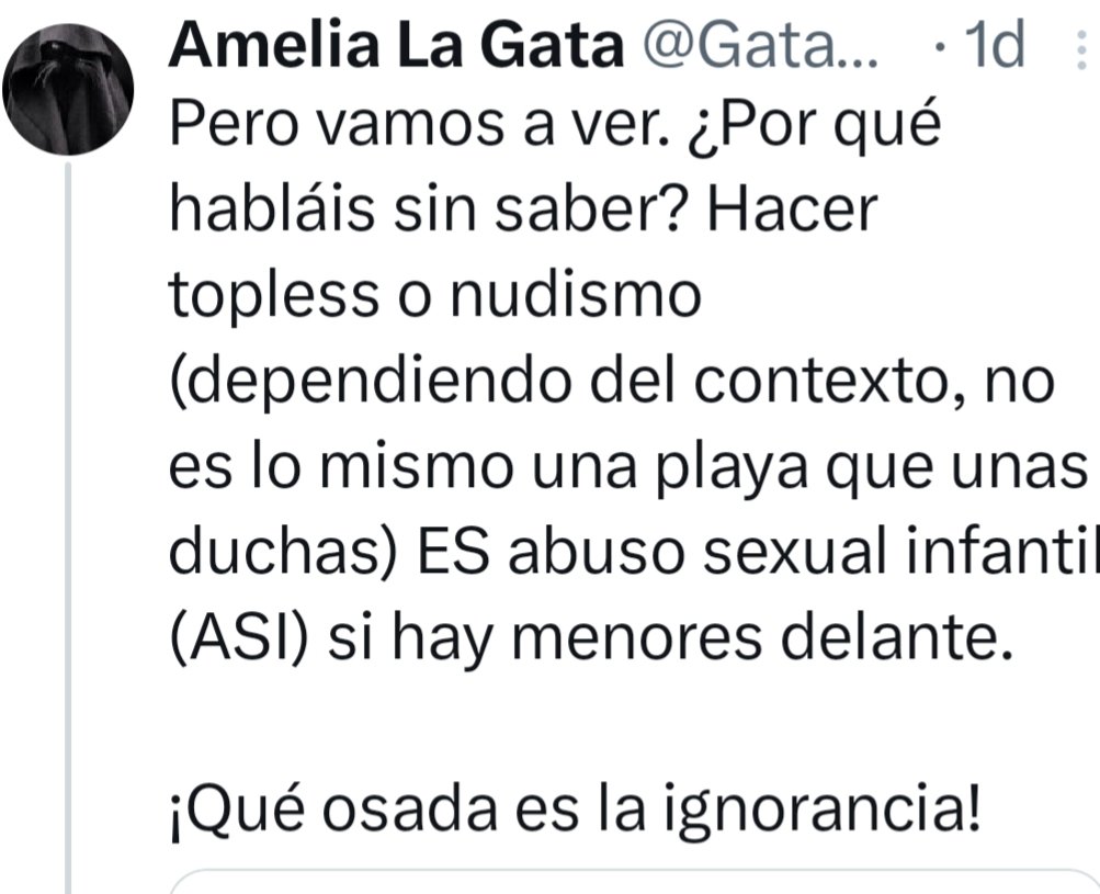z_ALeI's tweet photo. @GataAmelia @tressymaniqui "Hacer topless o nudismo [...] Ni es lo mismo (en) una playa que unas duchas, es abuso sexual infantil si hay menores delante"
Ante esa afirmación yo te he dicho únicamente que SOLO por eso no es abuso. No respondo ante lo ocurrido en el campamento que ya se decidirá en juicio https://t.co/XBxNEkHqbx