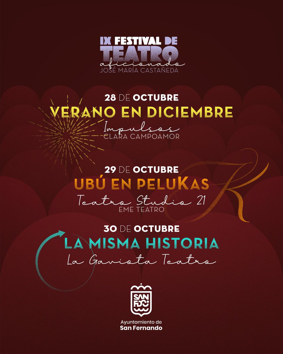 Del 21 al 30 de octubre estaremos celebrando en #SanFernando la IX edición del FESTIVAL DE TEATRO AFICIONADO. 🎭
Ya podéis adquirir  las entradas en la web teatrodelascortes.sacatuentrada.es o de manera presencial (martes 11 a 13h y jueves 17.30 a 19.30h) y antes de cada función.