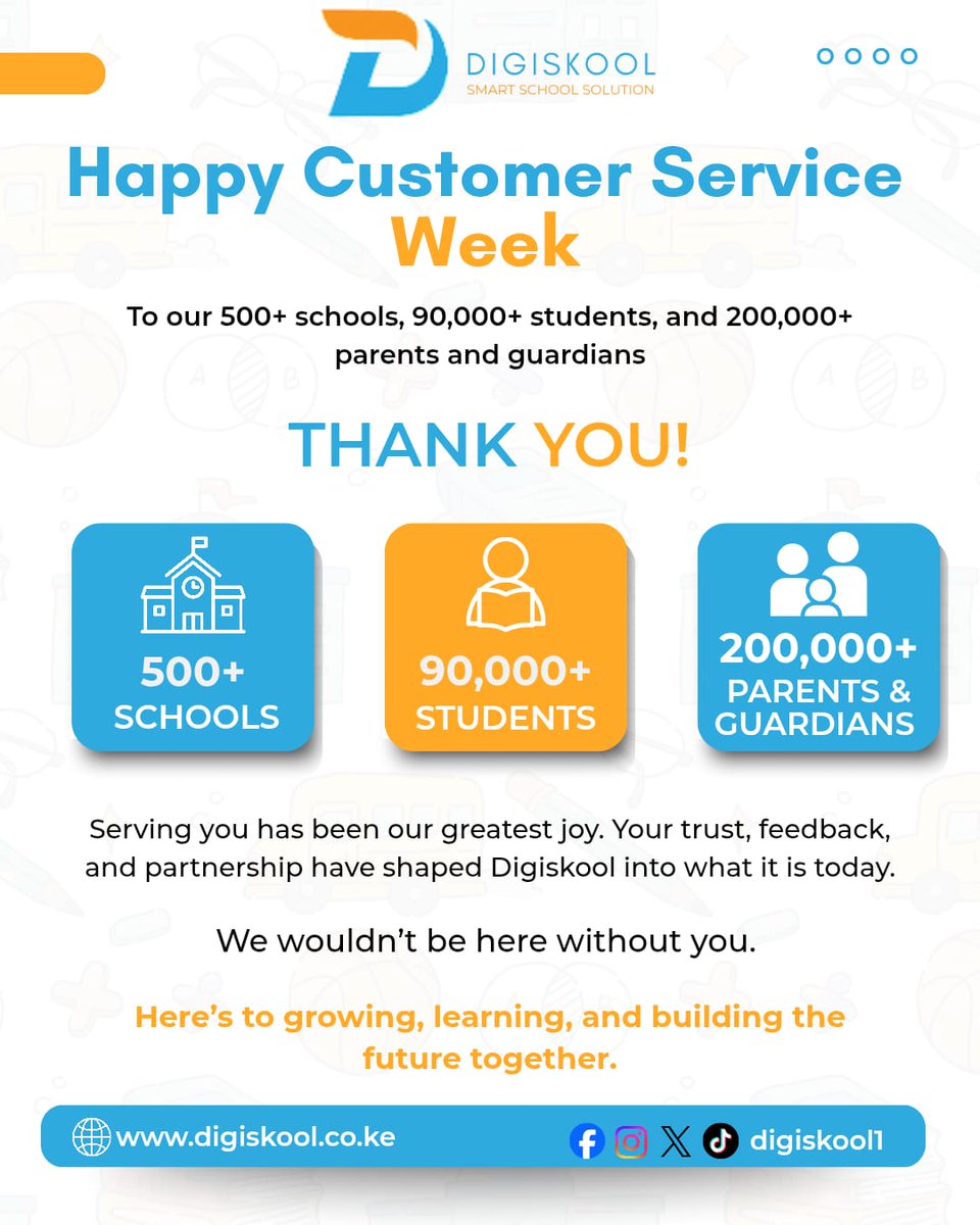 Digiskool1's tweet image. Happy #CustomerServiceWeek Thanks to 500+ schools, 90K+ students &amp;amp; 200K+ parents/guardians for trusting us.
 Serving you is our joy. Let&apos;s grow &amp;amp; build the future together! 
#Digiskool #EdTech #CustomerServiceWeek2025 #CustomerAppreciation