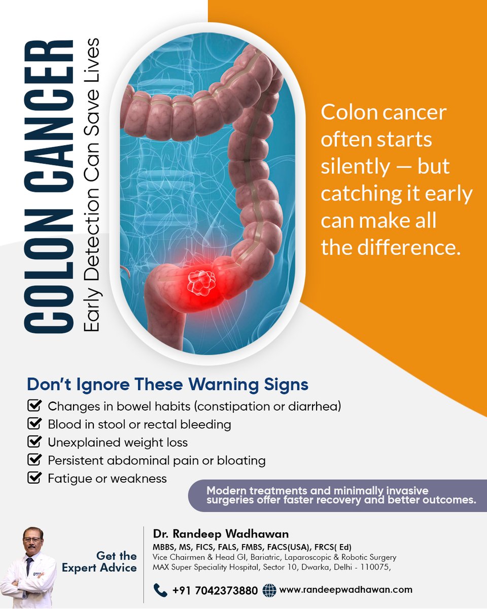 randeepwadhwan's tweet image. 🩺 Colon cancer starts silently — early detection saves lives!
Watch for signs like blood in stool, weight loss, or bowel changes.
Don’t wait — get screened today!

👉 Dr. Randeep Wadhawan | +91 7042373880

#ColonCancerAwareness #EarlyDetection #HealthMatters