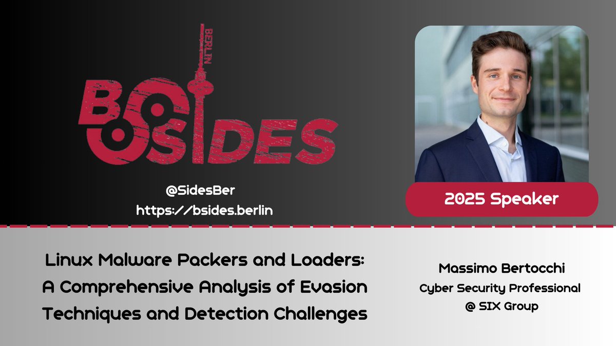 SidesBer's tweet image. #BSidesBerlin Speaker Showcase
Massimo Bertocchi breaks down Linux malware packers &amp;amp; loaders, exposing evasion techniques and gaps in detection — and how defenders can close those gaps.

@SecurityBSides #Malware #Detection