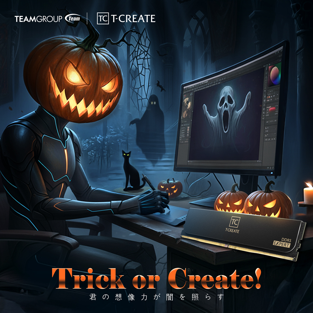 TeamGroup_JP's tweet image. Trick or Create? 🎃💡君の想像力が闇を照らす
T-CREATE EXPERT DDR5 BLACK が生み出すスピードと静寂、まるで魔法のよう✨
このハロウィン、あなたならどんな“クリエイティブな悪戯”を仕掛ける？😈
リプで教えて👇
#TCREATE #DDR5 #TEAMGROUP #ハロウィン #自作PC #クリエイターPC #メモリ…